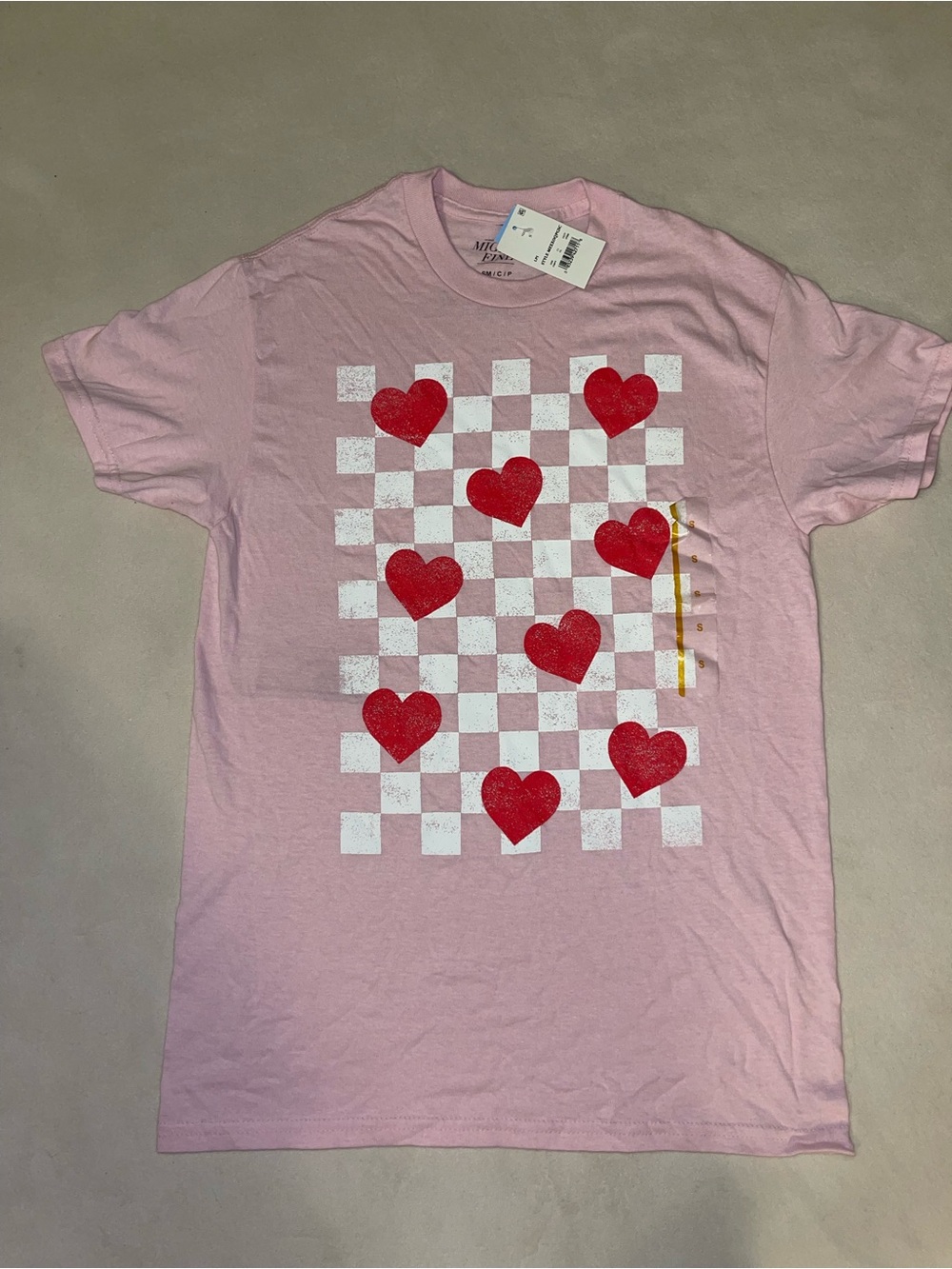 Mighty Fine Pink Tee with White Checkerboard and Red Heart Motif